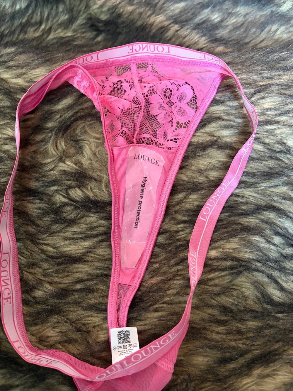 Lounge Pink Lace Thong With logo Waistband Size Large
